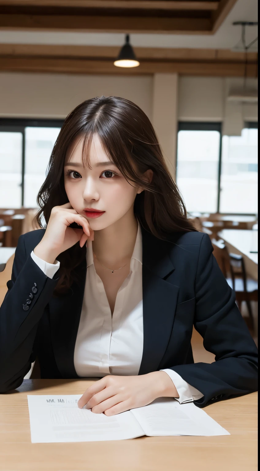 Tabletop, Highest quality, figure, Super detailed, In detail, High resolution, 8k wallpaper, Perfect dynamic composition, Beautiful attention to detail, suit, Natural Lip, Big Breasts, Natural Hair, Suite Room,