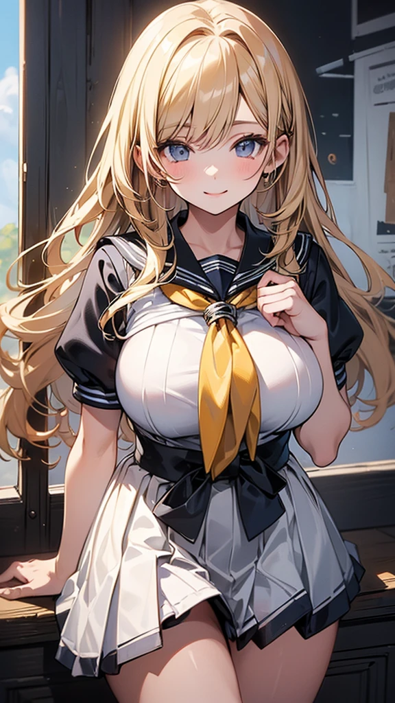 ((masterpiece)), ((Highest quality)), ((High resolution)), ((In detail)), One Woman,Big Breasts，blonde，Sailor suit，mini skirt，On the way home，Remember，smile，