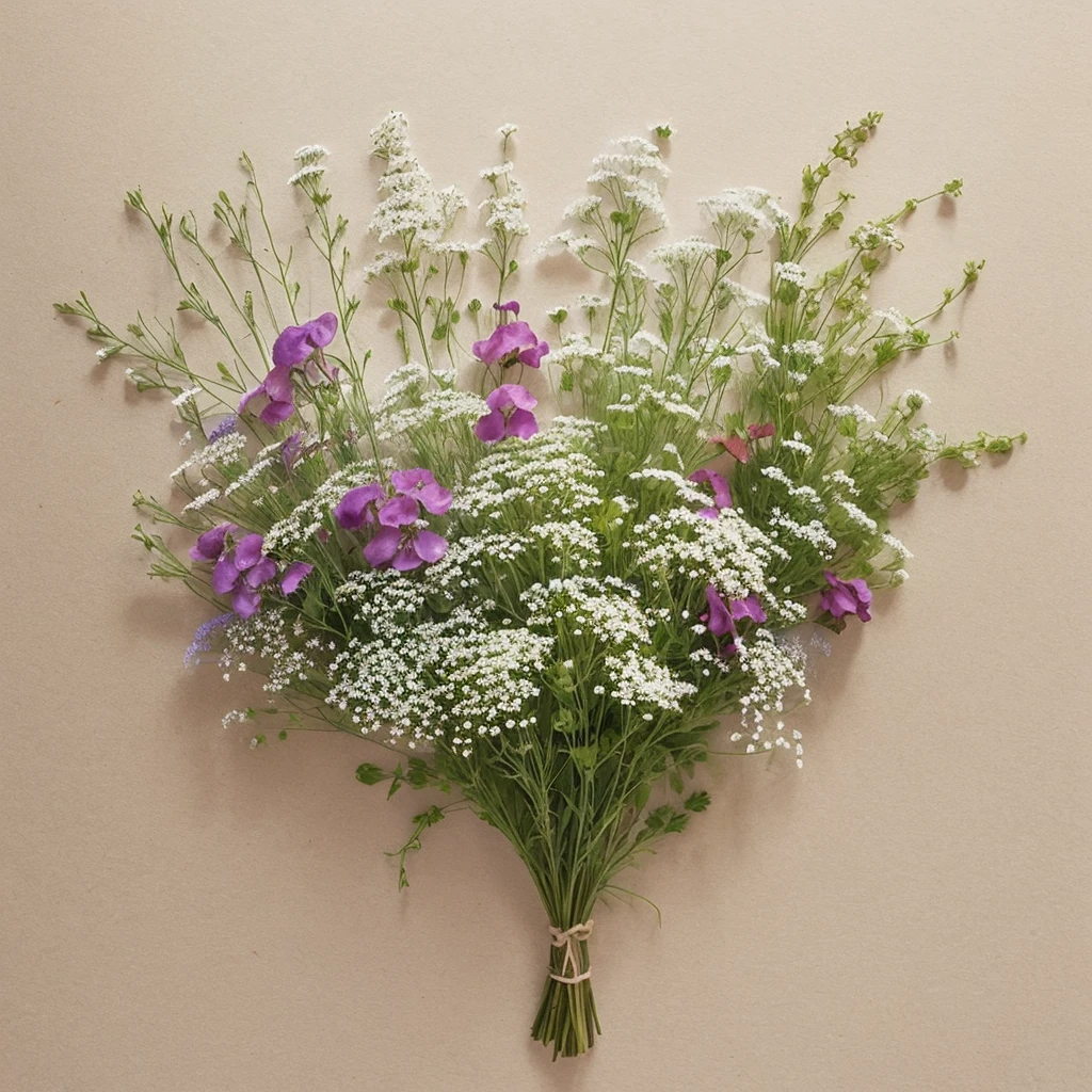 Convert dried flower art into a hand-drawn illustration style、Create backgrounds with vibrant colors and unique touches The type of flower is statice、Gypsophila、sweet pea、Mix in some lace flowers
