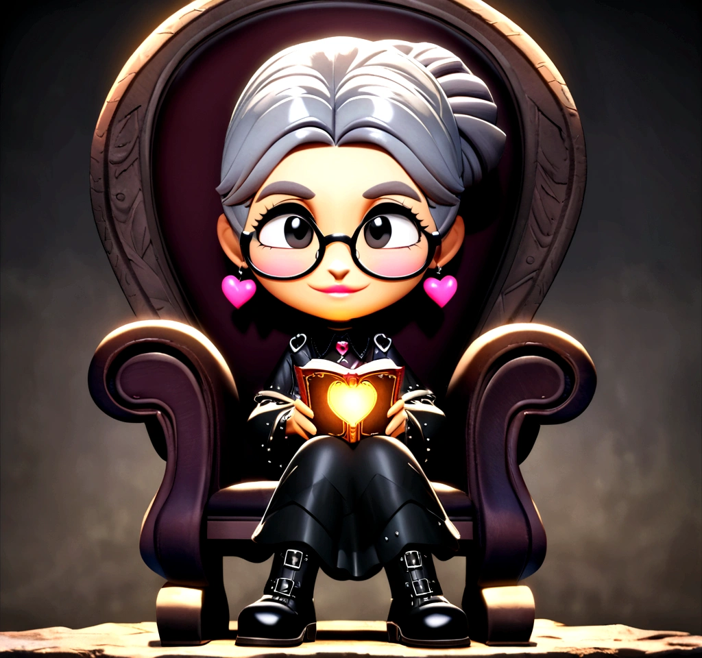 Pixar style, 4D FULL HD 8K, short 60-year-old French gothic woman with a heart tattoo on her shoulder, black with some gray hair styled in an updo, black pearls, wearing cat-eye glasses, and funky earrings, dressed in a long black gothic/grunge couture outfit adorned with buckles, leather boots, background a large comfortable chair with a savvy dog nearby, in the style of Mahesh Nambiar extreme caricature holding a spell book with a magical light effect, in a gloomy crypt decor