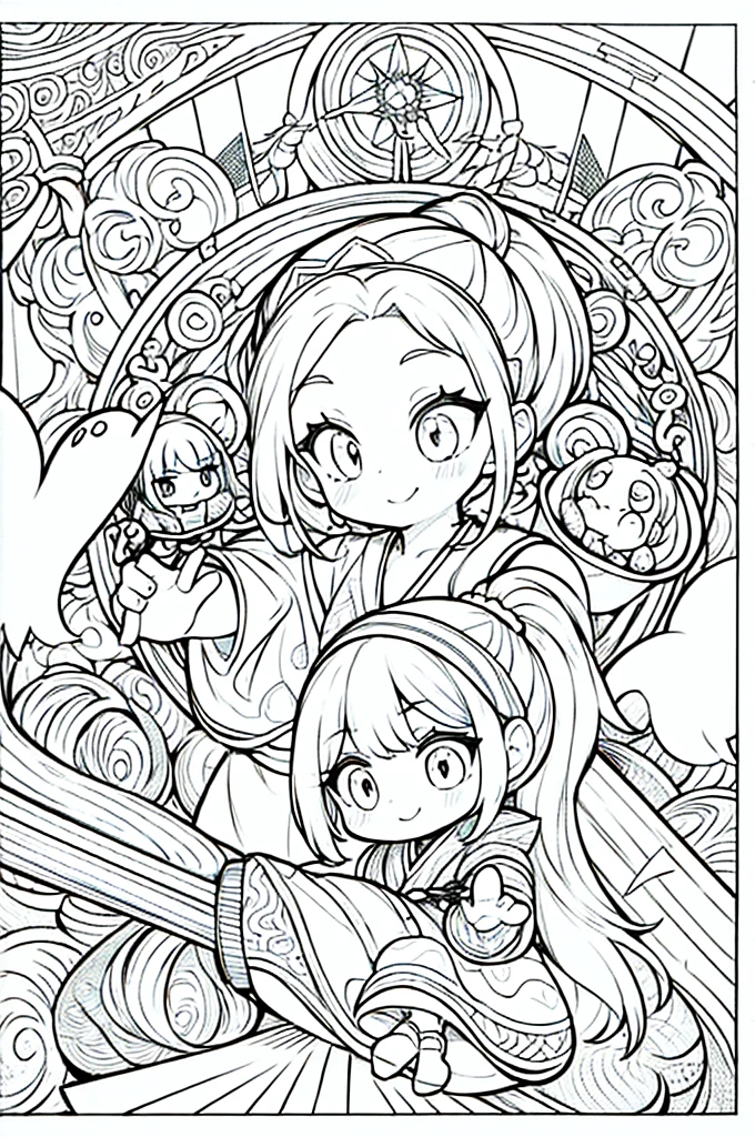 One girl, Create a baby chibi version of the Alice character in an 8K resolution, coloring pages, simplified zentangle, coloring book outline, black and white only, no outline, intricate designs, coloring book, celtic design, intricate lines, no gradients, Chibi, best quality, paper doll, shadow puppet, stained glass background, clockpunk, Andersen,A girl with a ponytail is wearing a kimono with a crane pattern, practicing kendo in a dojo, and wearing a headband as a hair accessory, It's sunny, Detailed eyes, clear outlines, kawaii pose, A smile, Raise your right hand, Eye Up, Laugh, radiant light, Taken from the side. She should look adorable and cute. Give him a smiling expression and a sweet smile on his face, capturing the essence of the character in a delicate and charming way.