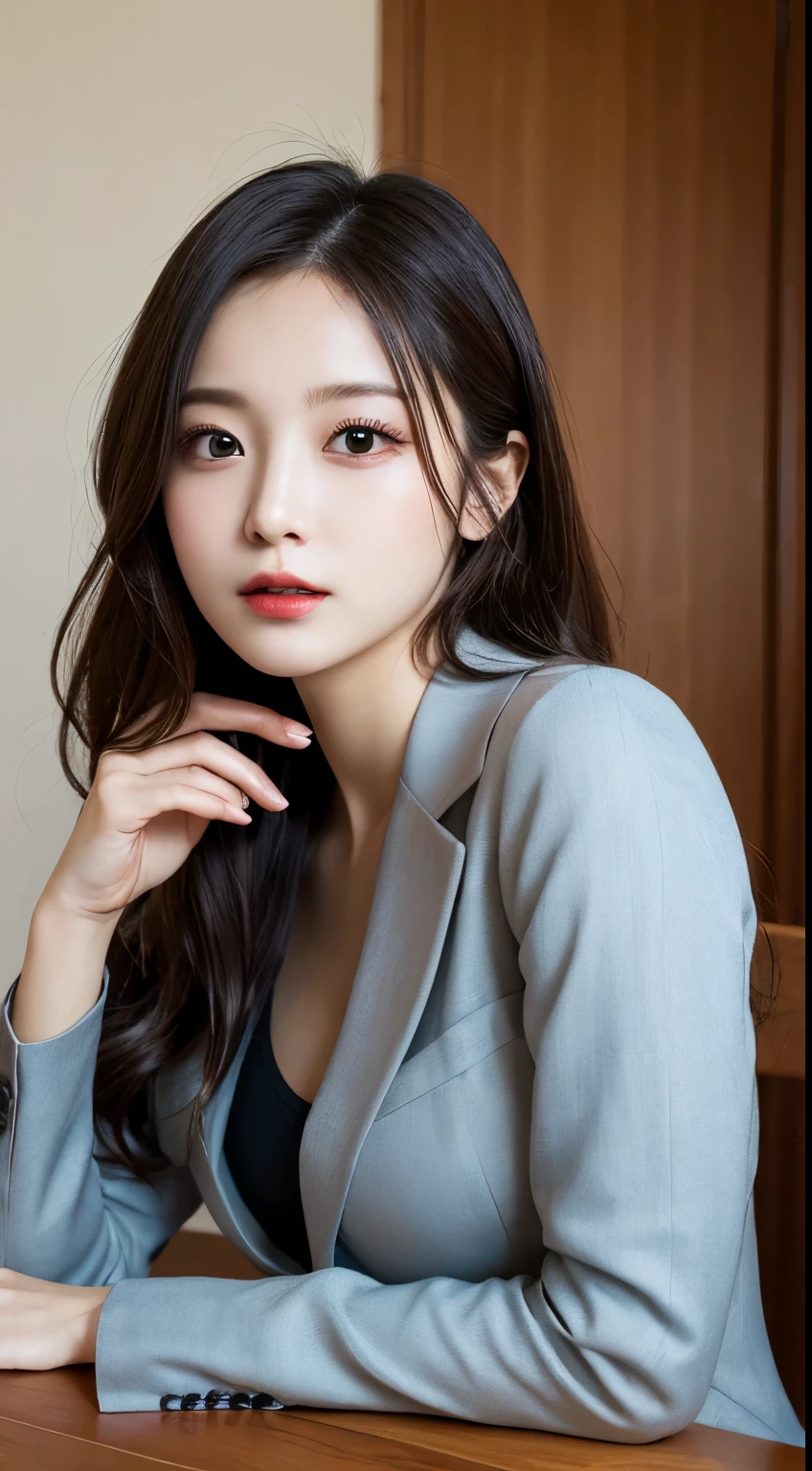 Tabletop, Highest quality, figure, Super detailed, In detail, High resolution, 8k wallpaper, Perfect dynamic composition, Beautiful attention to detail, suit, Natural Lip, Big Breasts, Natural Hair, Suite Room,