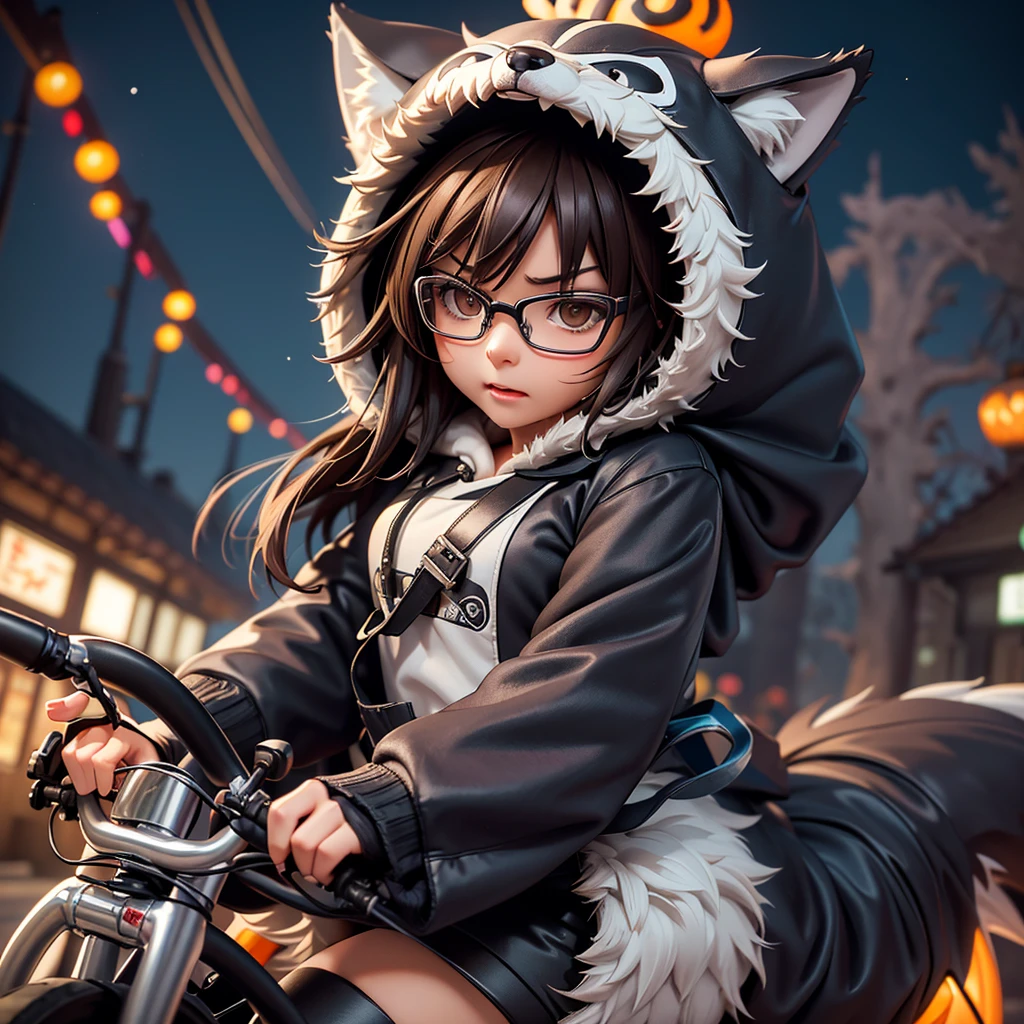 (Highest quality:1.2)。One Woman。Beautiful woman。Brunette short bob。Glasses。Angry expression。(Wearing a hooded wolf costume)。((Old Bike)get on)。(Riding hard on a bicycle)。The background is a Halloween town at night。