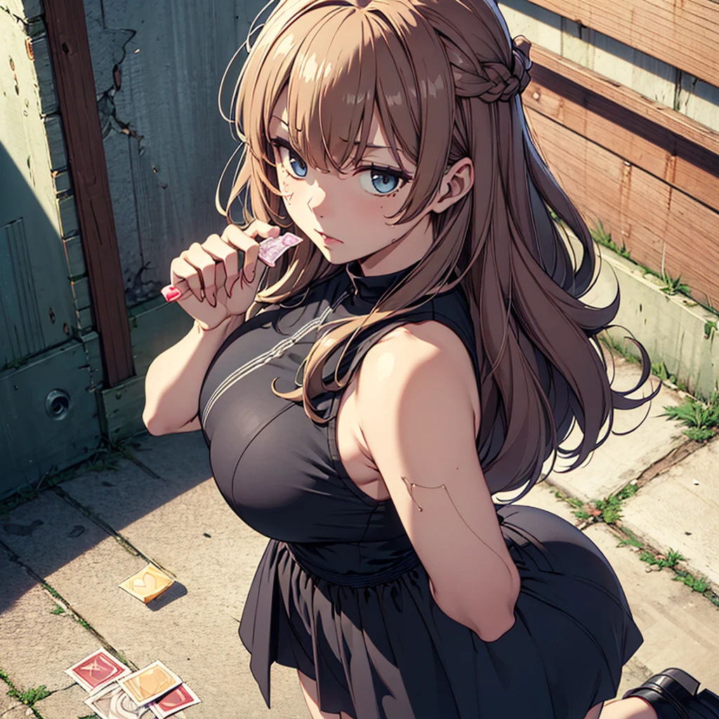 ((masterpiece,best quality)), highres, extremely detailed 8K wallpaper, depth_of_field, cowboy shot, solo, 1girl, saeki sayaka yagatekimininaru, long hair, (honey color hair), blue eyes, bow, big breasts, wide hips, thights, dirty ally, blue dress, baggy eyes, big butt, dark blonde hair, disgusted expression, shadows under her eyes, baggy eyes, cracks in the walls, on her knees, used condoms on the floor, from above, semen on her face, night, dark