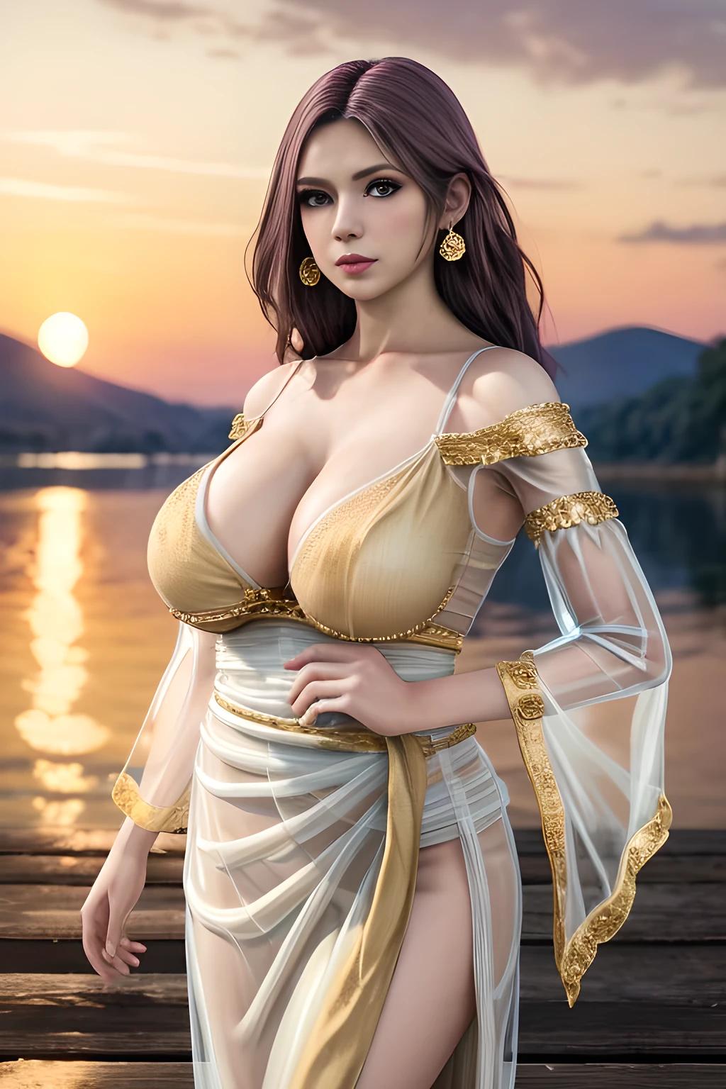 1 girl,At sunset, the warm sunlight adds a golden hue to the scene. Wearing a flowing (white dress with transparent sleeves and a cinched waist: 1.4), blown by the breeze, and wearing earrings, she stands on the dock and looks at the sunset in the distance. The water is calm, with soft ripples, and the outline of the distant coastline can be vaguely seen in the background.,Tattoo,(huge breasts),(masterpiece:1.5),( Best quality at best:1.4),(Realistic:1.4), detailed,8K,number art,detailedhair,Expressive eyes, s the perfect face, real fingers,depth of fields,Similar colors,a warm color palette,softlighting,low-contrast,hard shadows,elise