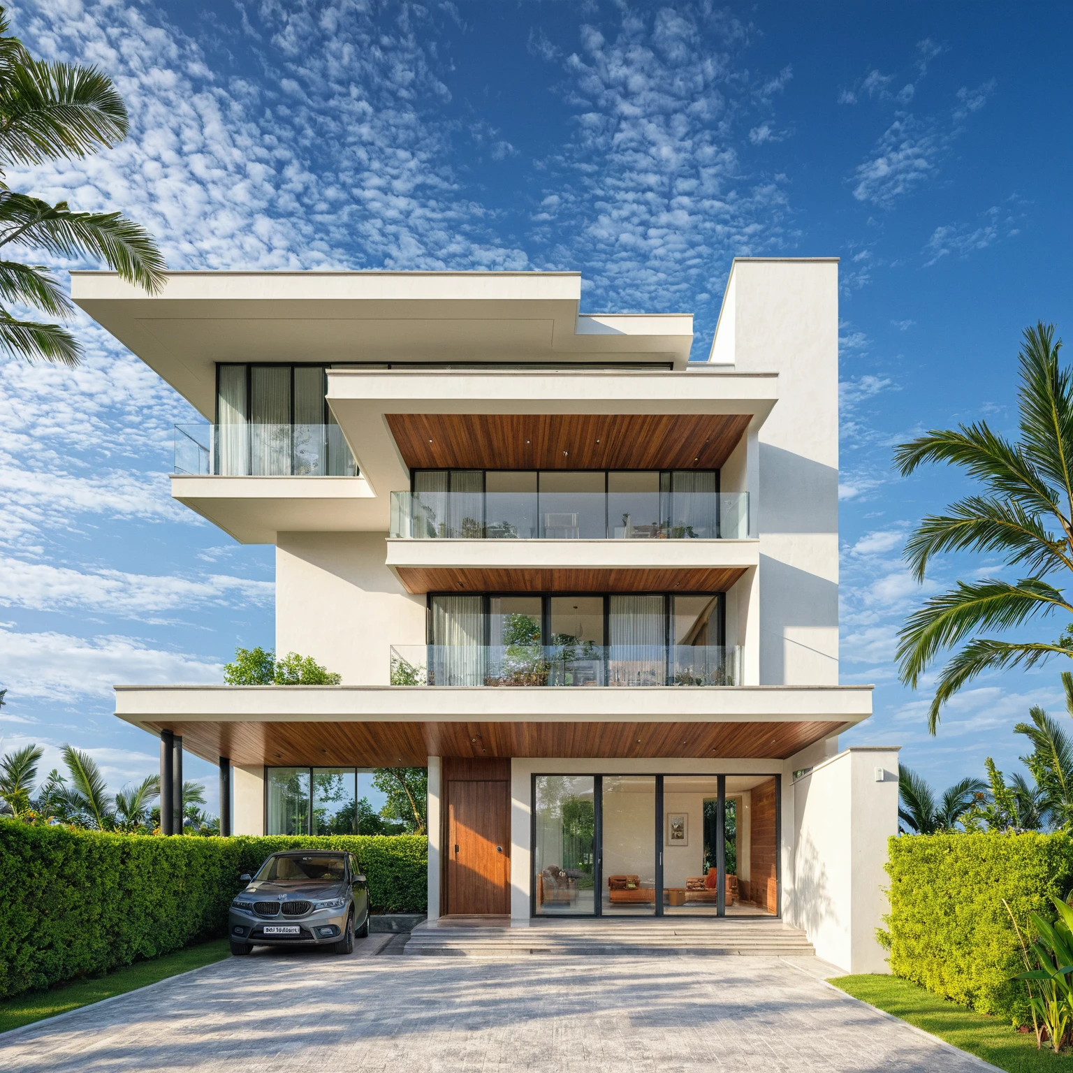 modern villa on street, (overcast lighting:1.2), tropical tree, vivid color, streetcapes, nice sky, grey wood and white tone, (large glass door:1.2), warm interior lighting, modern material, best quality, ultra realistic, masterpiece, 17ArchiAI_XL_VL-v1
