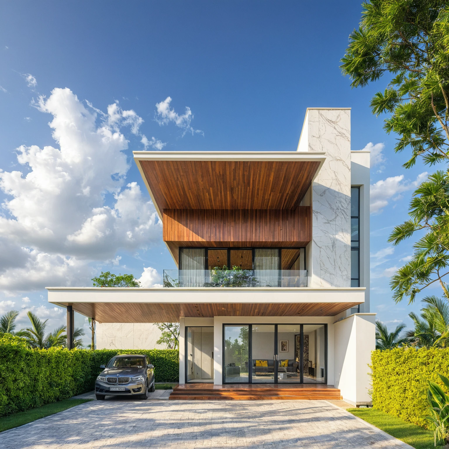 modern villa on street, (overcast lighting:1.2), tropical tree, vivid color, streetcapes, nice sky, grey wood and white tone, (large glass door:1.2), warm interior lighting, modern material, best quality, ultra realistic, masterpiece, 17ArchiAI_XL_VL-v1
