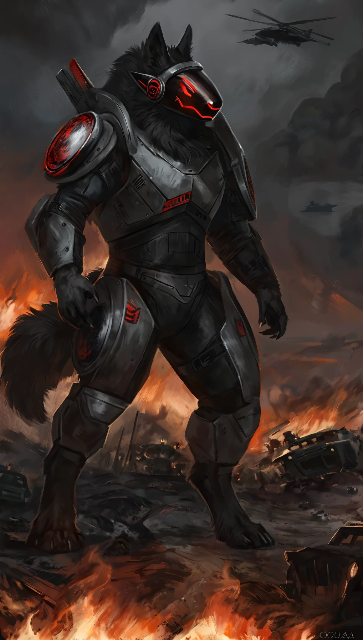 male, (pitch black protogen viso with red protogen face on it), (white protogen fur), protogen fighter, military destroyer unit, protogen, comic book style, illustration, solo, masterpiece, best art, full body, digitigrade, by oouna, by taran fiddler, wearing black fighter spacesuit , detailed hands, tall, detailed torso, dark and griddy, apocalyptic, standing, surrounded by partially burning vehicles and war, dark smoke cloud sky, heavy winds blowing protogens fur, dramatic, detailed paws, neutral expression, zoomed out really far, epic phone format wallpaper image, silent hill kind of feeling, detailed protogen face expression, standing his ground, shooting heavy space machienegun with both hands