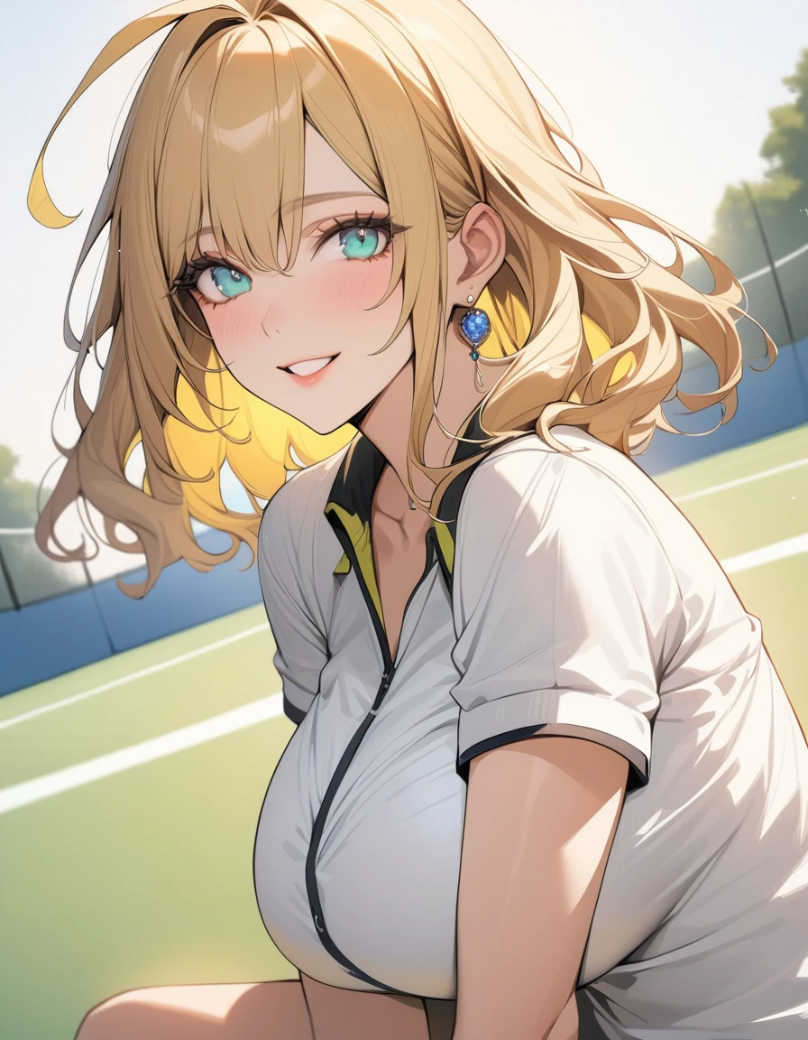 (Highest quality:1.2, High Detail, masterpiece:1.2, Best aesthetics), (1 girl), Beautiful woman, Beautiful detailed eyes, Beautiful detailed lips, Highly detailed face, Delicate depiction of hair and eyes, Detailed Fashion, (detailed background:1.2) ((Portraiture, Cowboy Shot)), Aqua Eye, huge ahoge, Mouth open, Earrings, View your viewers, attractive breasts, huge breasts, upper body, full body from knees to head, gaze away, gaze into the distance, smile lightly, fancy nails, bracelet, medium hair, yellow color inner hair, yellow hair, (tennis wear:1.4)
