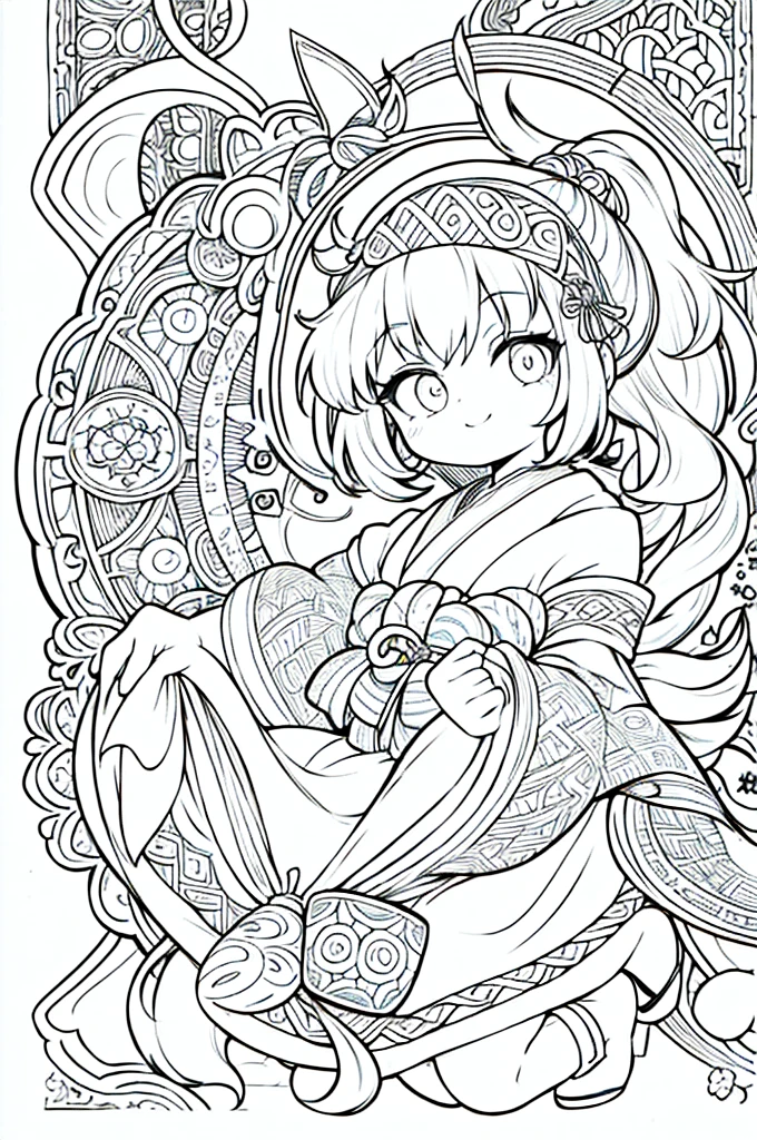 One girl, Create a baby chibi version of the Alice character in an 8K resolution, coloring pages, simplified zentangle, coloring book outline, black and white only, no outline, intricate designs, coloring book, celtic design, intricate lines, no gradients, Chibi, best quality, paper doll, shadow puppet, stained glass background, clockpunk, Andersen,A girl with a ponytail is wearing a kimono with a crane pattern, practicing kendo in a dojo, and wearing a headband as a hair accessory, It's sunny, Detailed eyes, clear outlines, kawaii pose, A smile, Raise your right hand, Eye Up, Laugh, radiant light, Taken from the side. She should look adorable and cute. Give him a smiling expression and a sweet smile on his face, capturing the essence of the character in a delicate and charming way.