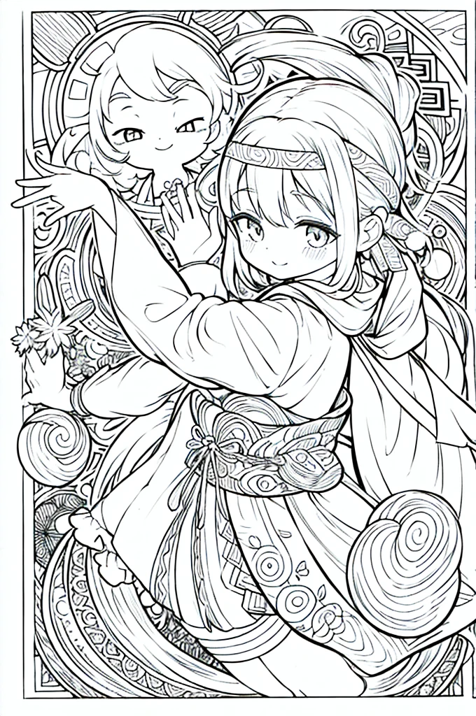 One girl, Create a baby chibi version of the Alice character in an 8K resolution, coloring pages, simplified zentangle, coloring book outline, black and white only, no outline, intricate designs, coloring book, celtic design, intricate lines, no gradients, Chibi, best quality, paper doll, shadow puppet, stained glass background, clockpunk, Andersen,A girl with a ponytail is wearing a kimono with a crane pattern, practicing kendo in a dojo, and wearing a headband as a hair accessory, It's sunny, Detailed eyes, clear outlines, kawaii pose, A smile, Raise your right hand, Eye Up, Laugh, radiant light, Taken from the side. She should look adorable and cute. Give him a smiling expression and a sweet smile on his face, capturing the essence of the character in a delicate and charming way.
