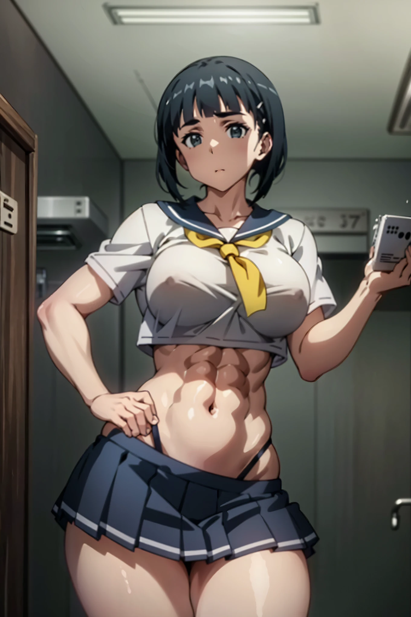 1 female,Suguha Kirigaya,white sailor suit,short sleeved,covered nipples,croptop,gray low-rise micro pleated skirt,breasts,leanbody:1.5,beautiful abs:0.5