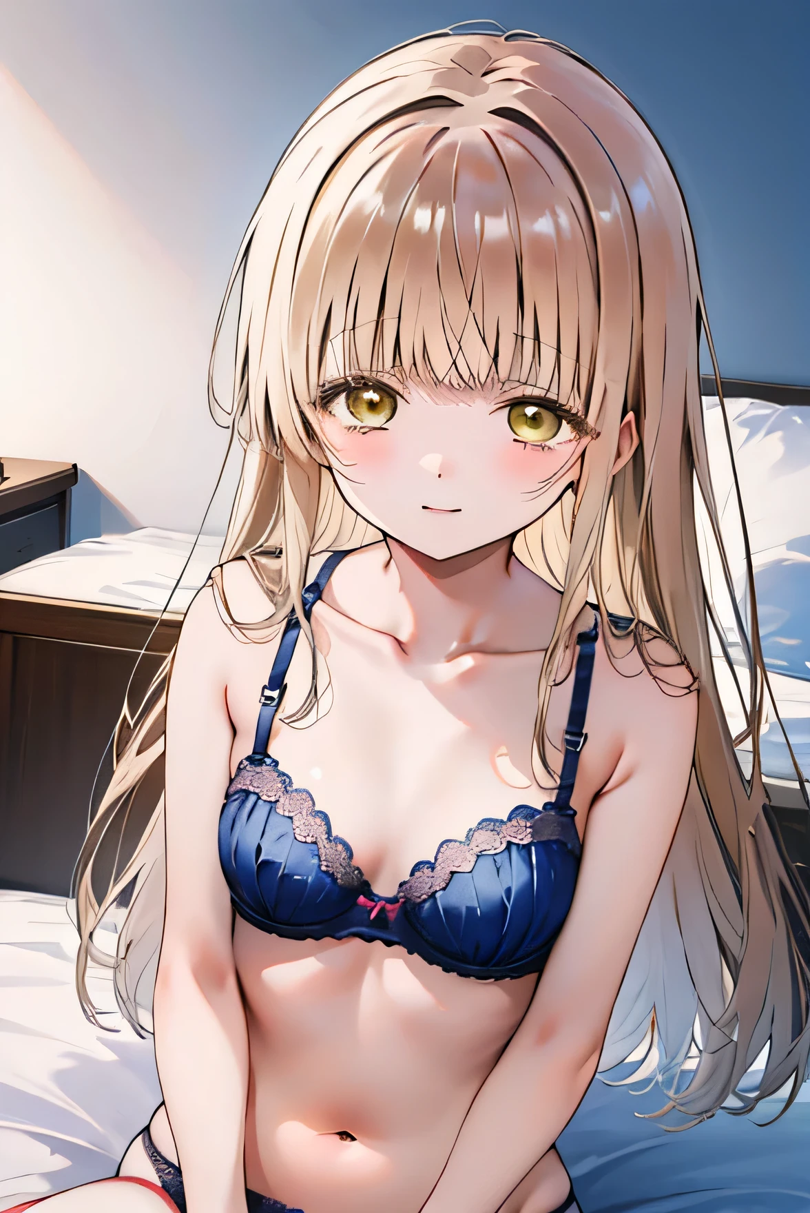 Masterpiece、Anime Coloring、Ultra fine、、Brown Hair、Long Hair、Yellow-green eyes、Open your mouth wide、Lower Angle、cowboy shot、looking at the camera、smile、blush、Watery eye、Parted bangs、((lie on bed))、blue sky、sunny、Small breasts、Pink floral bra、 underwear