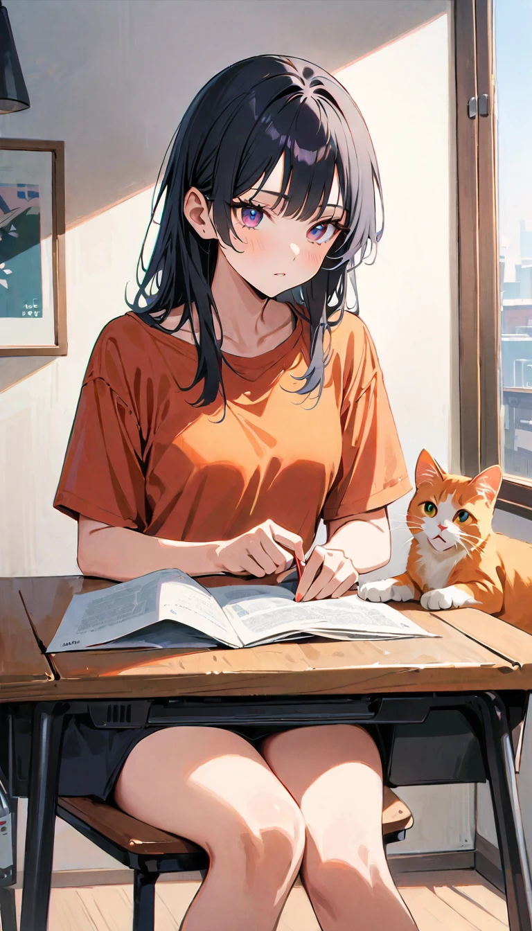 Young cat,Orange cat, Listless, Sitting at a desk, 8K, Highest quality, Maximum resolution,original photo、real、Live Recording、high resolution、masterpiece