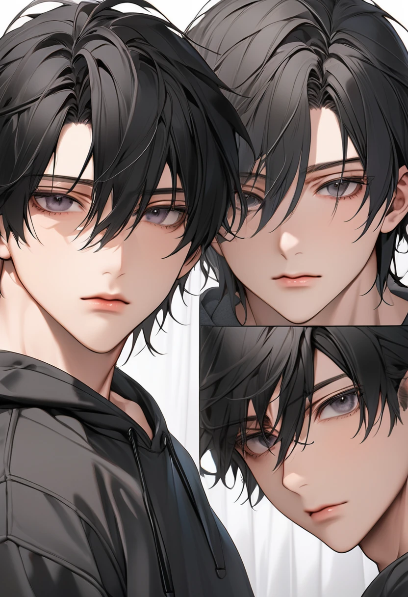 A highschool boy, handsome, perfect body, black hair, short hair, mullet, black eyes, upturned eyes, expressionless, black hoodies, anime, first-person view, masterpiece, anatomically correct, high details, highres, best quality, super detail