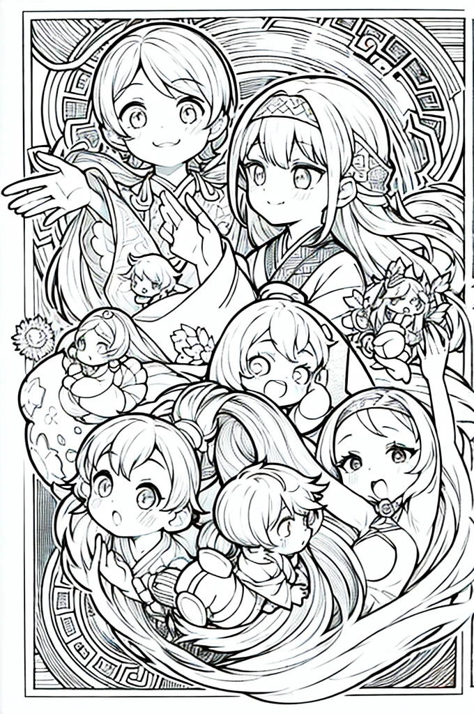 One girl, Create a baby chibi version of the Alice character in an 8K resolution, coloring pages, simplified zentangle, coloring book outline, black and white only, no outline, intricate designs, coloring book, celtic design, intricate lines, no gradients, Chibi, best quality, paper doll, shadow puppet, stained glass background, clockpunk, Andersen,A girl with a ponytail is wearing a kimono with a crane pattern, practicing kendo in a dojo, and wearing a headband as a hair accessory, It's sunny, Detailed eyes, clear outlines, kawaii pose, A smile, Raise your right hand, Eye Up, Laugh, radiant light, Taken from the side. She should look adorable and cute. Give him a smiling expression and a sweet smile on his face, capturing the essence of the character in a delicate and charming way.