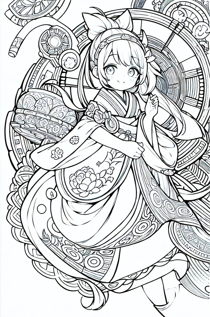 One girl, Create a baby chibi version of the Alice character in an 8K resolution, coloring pages, simplified zentangle, coloring book outline, black and white only, no outline, intricate designs, coloring book, celtic design, intricate lines, no gradients, Chibi, best quality, paper doll, shadow puppet, stained glass background, clockpunk, Andersen,A girl with a ponytail is wearing a kimono with a crane pattern, practicing kendo in a dojo, and wearing a headband as a hair accessory, It's sunny, Detailed eyes, clear outlines, kawaii pose, A smile, Raise your right hand, Eye Up, Laugh, radiant light, Taken from the side. She should look adorable and cute. Give him a smiling expression and a sweet smile on his face, capturing the essence of the character in a delicate and charming way.