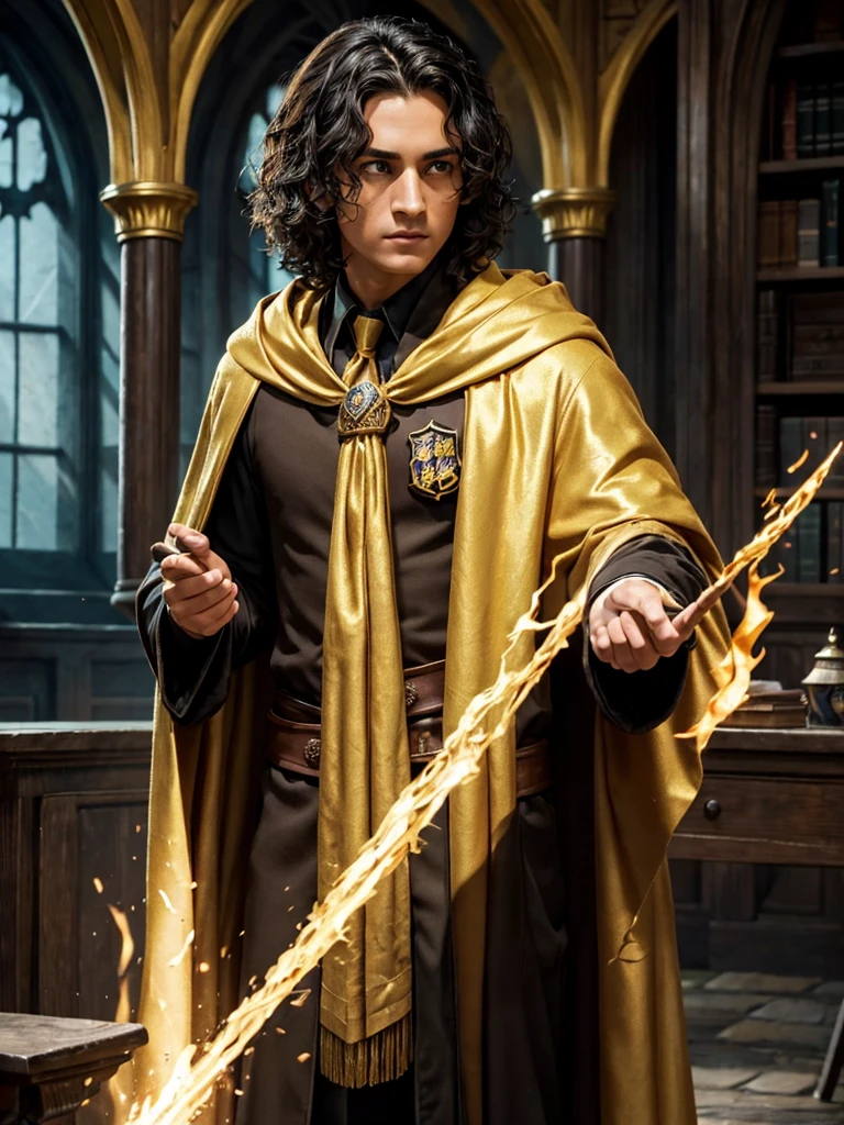 (best quality), 1boy, Male, tanned skin, black hair, short hair, wavy hair, golden eyes, perfect eyes, Hufflepuff hogwarts cloak, harry potter universe, Hufflepuff, masterpiece, anatomically correct, highres
