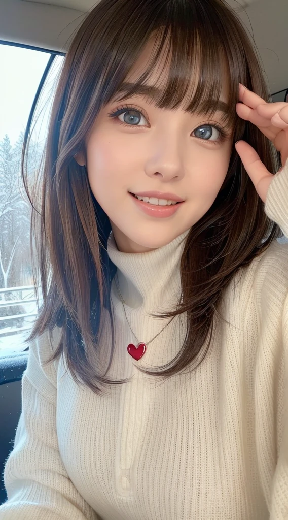 (Tabletop, Highest quality、High definition:1.4、Very attractive adult beauty、Add strong highlights to the eyes、Please look closely at the camera:1.4、A beautiful woman with adult charm、Ideal body proportions、Perfect Anatomy、Short brunette bob hair、Shiny Hair、Lip gloss),One Girl, 独奏, Shiny Hair, Scarf,Realistic, Looking at the audience、Please tilt your head a little, Bright colored crystal light blue eyes, 短いShiny Hair、 A white turtleneck with a hole in the center of the chest,A sexy white turtleneck knit sweater with a round hole in the middle of the chest、 Lips, Lip gloss,Bans, Upper body、Big eyes、Eyelashes、Face is a little red、Embarrassing)、((Italian road system in winter、Really beautiful bangs:1.4))、((Short hair with bangs、Big eyes、Give students a very strong highlight、{huge|big|Huge|mega} chest:1.4、very bigger chest、Staring at the audience、Very beautiful beauty、Listen carefully、Long neck、Smile a little、Beautiful Teeth、Open your mouth and laugh、Heart-shaped pupils))、28 years old、Very cute supermodel、
