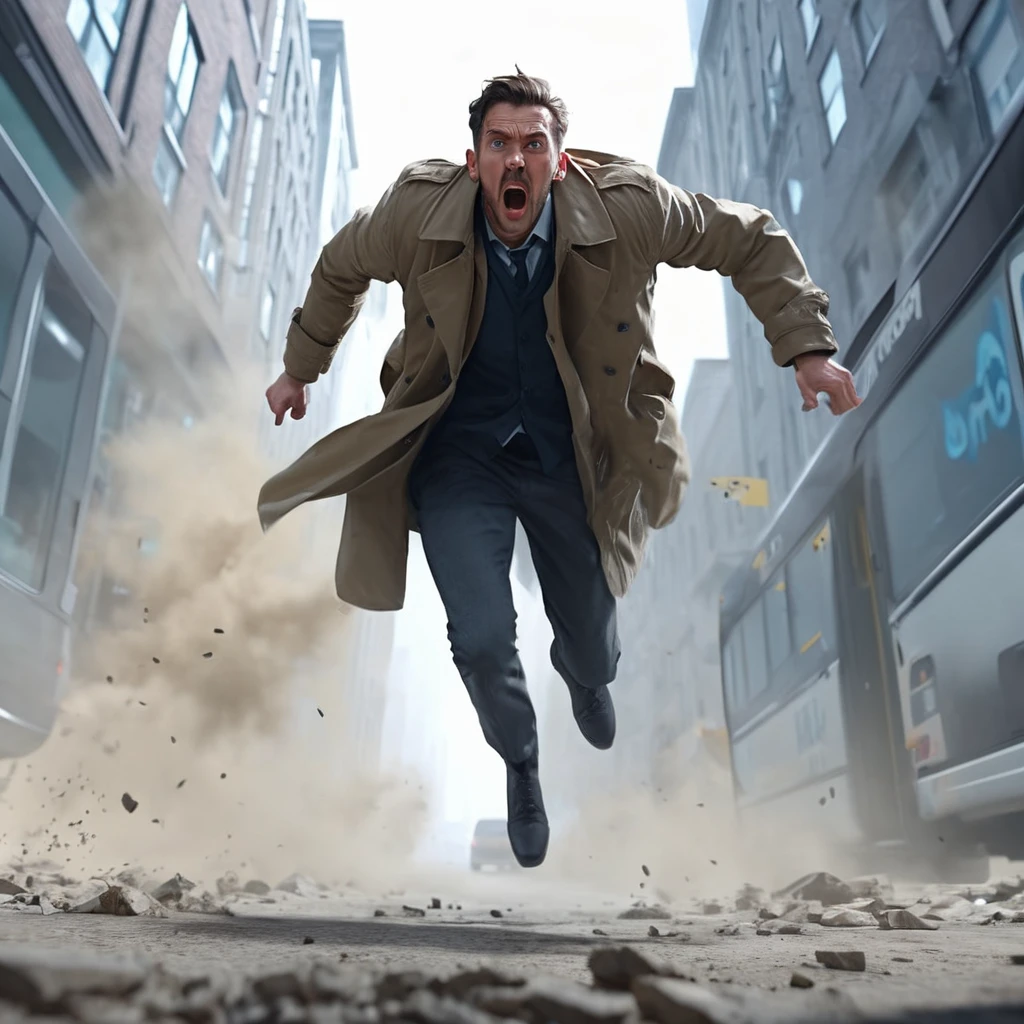zdyna_pose, dutch angle, from below, foreshortening, man in trenchcoat standing above viewer in a zdyna_pose running after a bus in a low camera angle actions scene, foreground objects dust and volumetric lighting, bright cinematic lighting