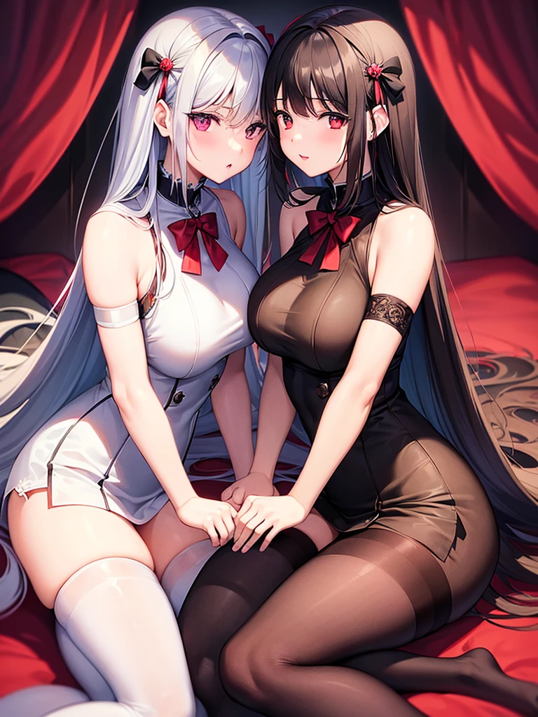 ((best quality)), ((Masterpiece)), (details), 2 girls, The first one has long black hair.,red eyes,big breasts,Slim figure,small hips,wearing a red school uniform,Put on white stockings, Two people with short black hair,purple eyes,small hips,Wear a green ,Wear black stockings,Kiss each other,blackground sakura