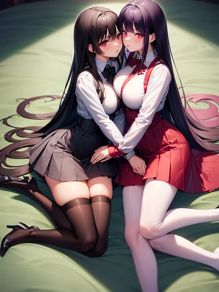 ((best quality)), ((Masterpiece)), (details), 2 girls, The first one has long black hair.,red eyes,big breasts,Slim figure,small hips,wearing a red school uniform,Put on white stockings, Two people with short black hair,purple eyes,small hips,Wear a green ,Wear black stockings,Kiss each other,blackground sakura
