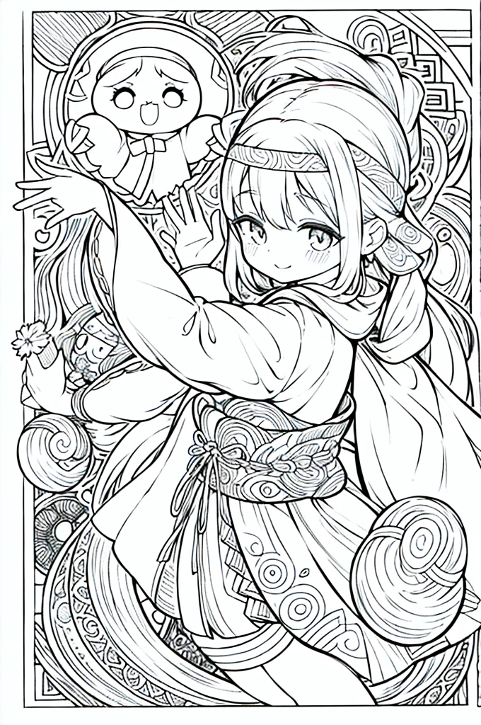 One girl, Create a baby chibi version of the Alice character in an 8K resolution, coloring pages, simplified zentangle, coloring book outline, black and white only, no outline, intricate designs, coloring book, celtic design, intricate lines, no gradients, Chibi, best quality, paper doll, shadow puppet, stained glass background, clockpunk, Andersen,A girl with a ponytail is wearing a kimono with a crane pattern, practicing kendo in a dojo, and wearing a headband as a hair accessory, It's sunny, Detailed eyes, clear outlines, kawaii pose, A smile, Raise your right hand, Eye Up, Laugh, radiant light, Taken from the side. She should look adorable and cute. Give him a smiling expression and a sweet smile on his face, capturing the essence of the character in a delicate and charming way.