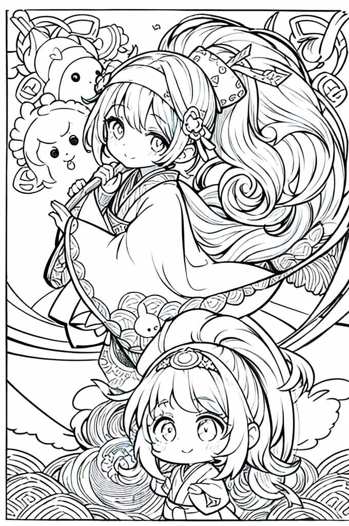 One girl, Create a baby chibi version of the Alice character in an 8K resolution, coloring pages, simplified zentangle, coloring book outline, black and white only, no outline, intricate designs, coloring book, celtic design, intricate lines, no gradients, Chibi, best quality, paper doll, shadow puppet, stained glass background, clockpunk, Andersen,A girl with a ponytail is wearing a kimono with a crane pattern, practicing kendo in a dojo, and wearing a headband as a hair accessory, It's sunny, Detailed eyes, clear outlines, kawaii pose, A smile, Raise your right hand, Eye Up, Laugh, radiant light, Taken from the side. She should look adorable and cute. Give him a smiling expression and a sweet smile on his face, capturing the essence of the character in a delicate and charming way.