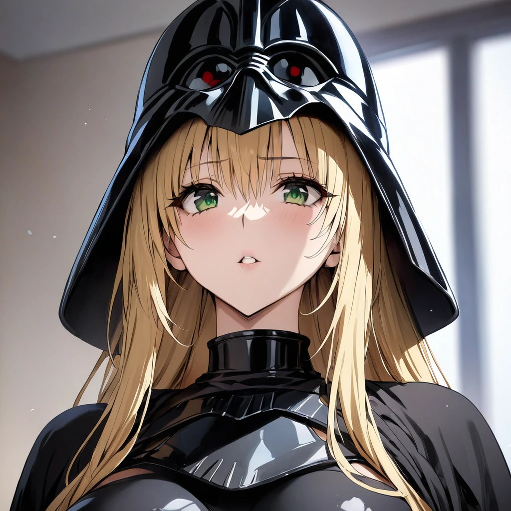 ((Highest quality)), ((masterpiece)), (detailed), (Perfect Face)、The woman is the Sith Lord Tearju, with medium-long blonde hair, a female version of Darth Vader, wearing the same bodysuit and protector as Darth Vader, a full-face helmet like Darth Vader, a black cloak, and holding a red lightsaber.