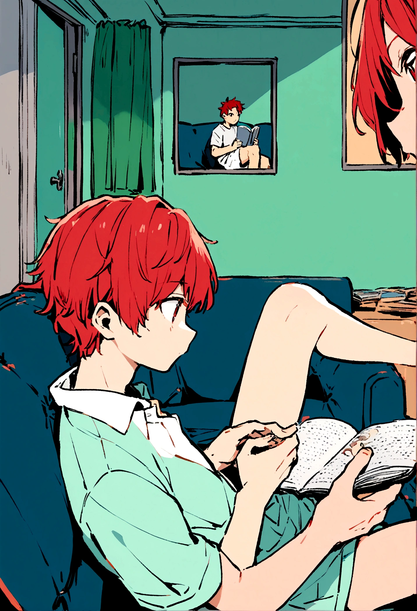 2 boys, 16 years, green and red hair, sitting on the couch, reading, in room