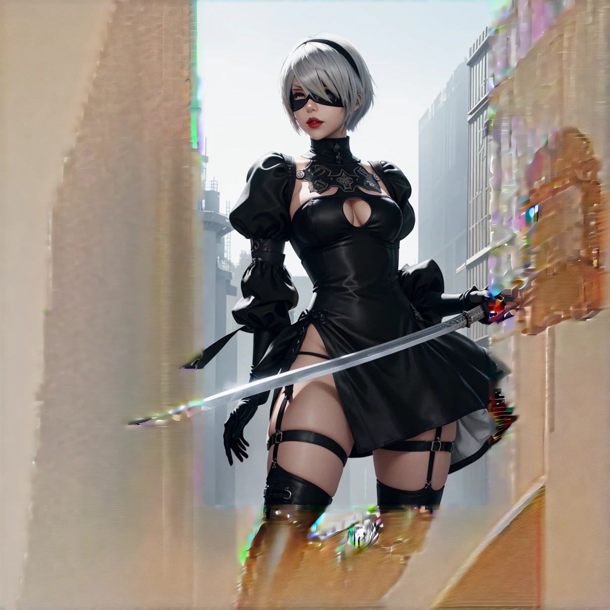 Anime girl with sword and black outfit posing for a photo、2B Nier オートマトン、Nier:Automaton Inspired、Nier オートマタ インスパイア、Nier オートマタの 2 B、Nier オートマタの 2b、2 b、Nier インスパイアー、Nier 2 b、Bad anime 8k、Nier、Female Assassin、8k high quality detailed art