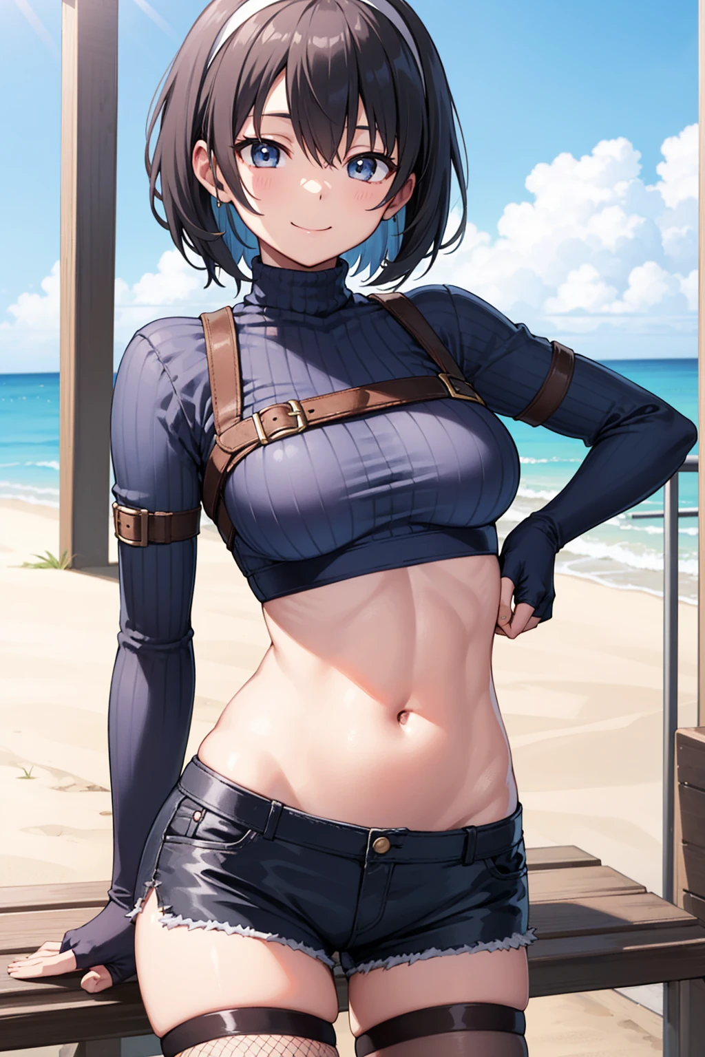 yuffiekisaragi, Yuffie Kisaragi,Haircuts, pixie cut,
壊す crop top, fingerless gloves, fishnet Thighhighs, fishnet, forehead protector, gloves, head band, belly button, short shorts, shorts, single sleeve, single thigh high, No sleeve, No sleeve turtleneck, Thighhighs, turtleneck,
bench、blue sky、smile, solo