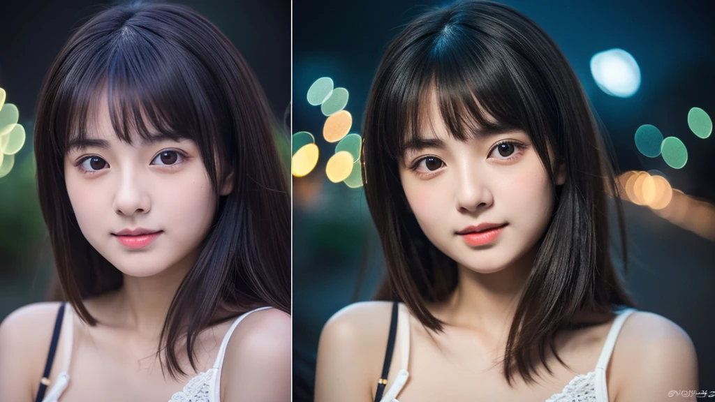 One 20-year-old woman with a very cute face like a 16-year-old idol、Gentle and cute、Cleavage、(Beautiful starry night)、(Dark Light)、RAW Photos、Genuine、((Quality indistinguishable from real life))、(Artistic Expression)、Real Stick、High resolution、masterpiece