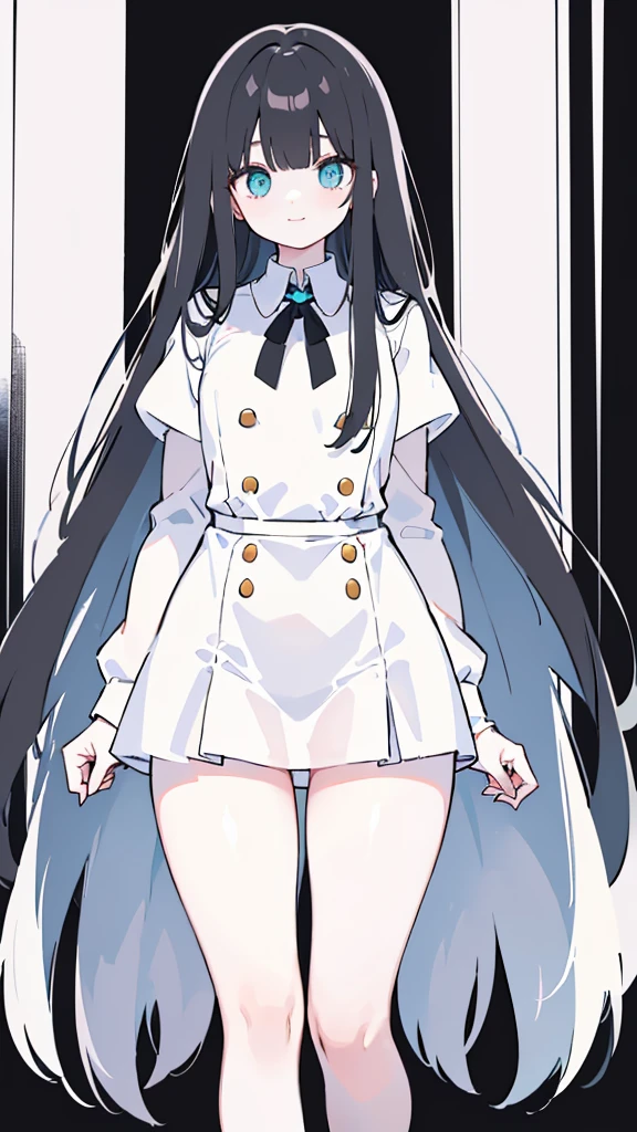 (Long straight black hair,Air bangs),(innocent,Big aqua eyes,like a gem),(Medium chest,White skin),(Wearing a white short shirt,and a pair of white underwear,Show skin on hands and thighs),(The overall length of the dress should not exceed the thigh,You should be able to see the curve of your thighs,Highlight your figure),(Standing,Put your hands beside you),(The expression looks a little shy,but with a smile),(Solid black and gray background)