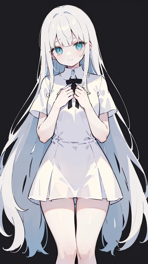 (Long straight black hair,Air bangs),(innocent,Big aqua eyes,like a gem),(Medium chest,White skin),(Wearing a white short shirt,and a pair of white underwear,Show skin on hands and thighs),(The overall length of the dress should not exceed the thigh,You should be able to see the curve of your thighs,Highlight your figure),(Standing,Put your hands beside you),(The expression looks a little shy,but with a smile),(Solid black and gray background)