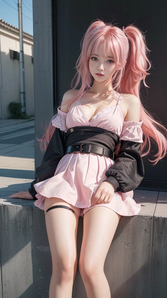 女の子 with pink hair and a black belt sitting on a wall, Beautiful school girl, Cute girl visuals, Smooth CG art, Surreal, Cute girl in a nice dress, Seductive girls, Beautiful breasts, Cleavage, Thin thighs, Small beautiful butt, Surreal , cute girl, Young girl, ( beautiful girl, Baby Face, ), I also make fan art, (Detailed eyes and face:1.3, Professional photography techniques), (Highest quality, 8K, masterpiece:1.2, RAW Photos), (Photorealism:1.4), Gaze at the viewer, (blush:1.2), (Perfect Anatomy:1.3), (Detailed hands:1.2)