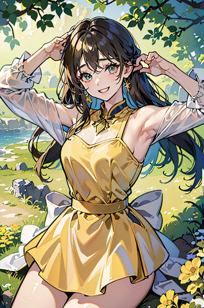 (in 8K、top-quality、​masterpiece:1.2)、1人の女性、(Smiling smile:1.1)、beautidful eyes、Valley、The upper part of the body、shorth hair、Like a boy、Colossal tits、Green View、