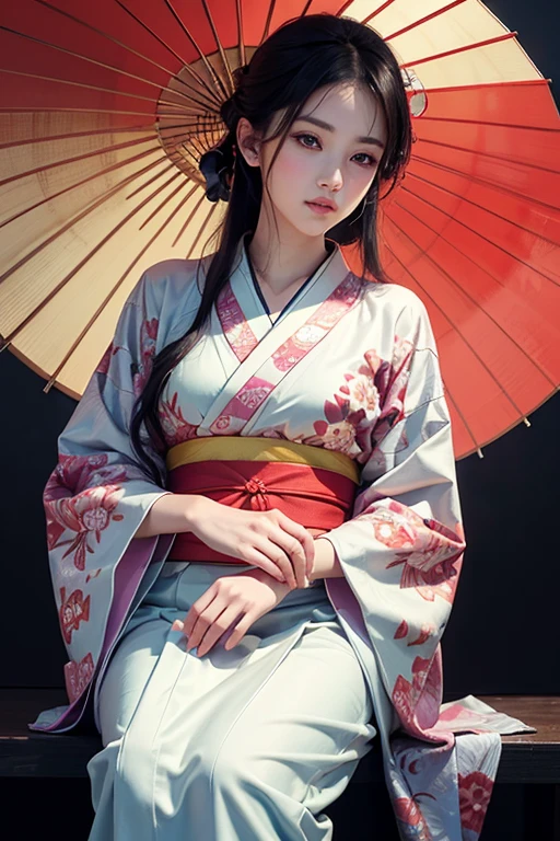 A woman in a vibrant, colorful kimono holding a red umbrella, inspired by the art of Ryūshin Fujiwara, with ukiyo-e style, flickers of light, wearing a classy, pale-colored kimono, detailed facial features, porcelain skin, long eyelashes, elegant posture, beautiful detailed eyes, beautiful detailed lips, extremely detailed eyes and face, long eyelashes, photorealistic, 8k, high resolution, masterpiece, ultra-detailed, vivid colors, soft lighting, warm color palette, traditional Japanese art style