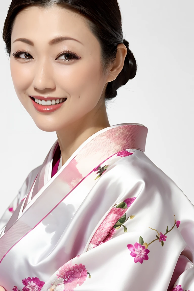 (Highest quality、Tabletop、8K、Best image quality、Award-winning works)、(One beautiful mature woman:1.1)、Adult face、(Innkeeper:1.1)、(A luxurious pink kimono with a gorgeous floral pattern:1.3)、(A kimono with a perfect and precise collar:1.2)、Perfect mature woman portrait photo、Glowing Skin、Standing Elegantly、(The simplest pure white background:1.4)、(Strongly blurred background:1.2)、Glowing Skin、Very beautiful skin、(Accentuate your body lines:1.1)、(The most graceful posture:1.2)、(Large Breasts:1.2)、(Voluptuous body:1.3)、A perfect smile、Perfect beautiful glossy lips、(Accurate ???????:1.2)、(A perfect and elegant outfit:1.1)、(Standing with good posture:1.1)、(Beautiful, elegant and top-quality patterned kimono:1.2)、、(Perfect and natural beautiful sleeves:1.2)、(A perfect and natural beautiful collar:1.2)、(Perfect and natural beautiful sleeves:1.2)、(An elegant and high-quality patterned kimono obi:1.4)、(Perfect wide belt:1.2)、(A perfect and natural beautiful kimono obi:1.1)、(Chignon:1.3)、(Close-up of face:1.5)、(Smile looking at me:1.2)