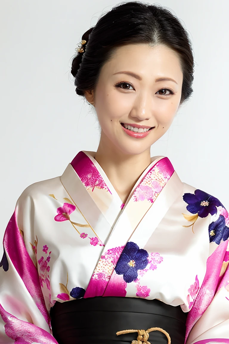 (Highest quality、Tabletop、8K、Best image quality、Award-winning works)、(One beautiful mature woman:1.1)、Adult face、(Innkeeper:1.1)、(A luxurious pink kimono with a gorgeous floral pattern:1.3)、(A kimono with a perfect and precise collar:1.2)、Perfect mature woman portrait photo、Glowing Skin、Standing Elegantly、(The simplest pure white background:1.4)、(Strongly blurred background:1.2)、Glowing Skin、Very beautiful skin、(Accentuate your body lines:1.1)、(The most graceful posture:1.2)、(Large Breasts:1.2)、(Voluptuous body:1.3)、A perfect smile、Perfect beautiful glossy lips、(Accurate anatomy:1.2)、(A perfect and elegant outfit:1.1)、(Standing with good posture:1.1)、(Beautiful, elegant and top-quality patterned kimono:1.2)、、(Perfect and natural beautiful sleeves:1.2)、(A perfect and natural beautiful collar:1.2)、(Perfect and natural beautiful sleeves:1.2)、(An elegant and high-quality patterned kimono obi:1.4)、(Perfect wide belt:1.2)、(A perfect and natural beautiful kimono obi:1.1)、(Chignon:1.3)、(Close-up of face:1.5)、(Smile looking at me:1.2)