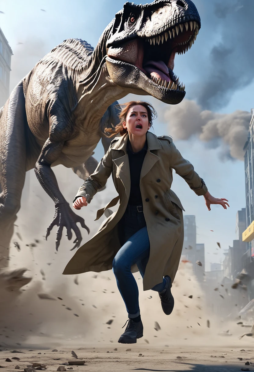 zdyna_pose, dutch angle, from below, foreshortening, woman in trenchcoat standing above viewer in a zdyna_pose running away from a T-Rex in a low camera angle actions scene, foreground objects dust and volumetric lighting, bright cinematic lighting 