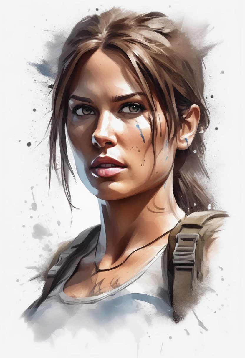 A t-shirt with style, t-shirt design, centered artwork, 2D vector, watercolor, Lara Croft Tomb Raider, white background, Adobe Illustration, Trending on Artstation, hd, 8K, intricate details, vibrant eyes, gorgeous art, masterpiece, by Rafael Albuquerque , luminosity by REMBRANDT