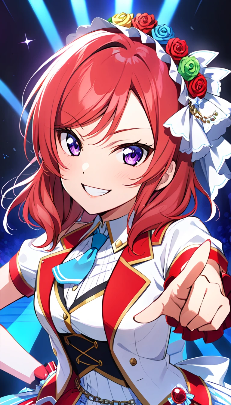 1girl, nishikino maki, upper body, idol costume, smile, id_maki_nishikino,Pointing at the viewer