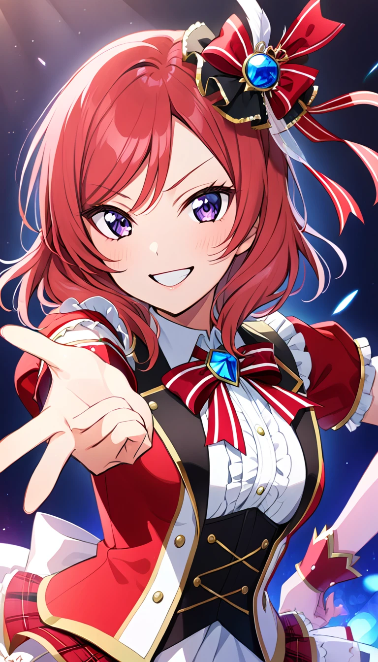 1girl, nishikino maki, upper body, idol costume, smile, id_maki_nishikino,Pointing at the viewer