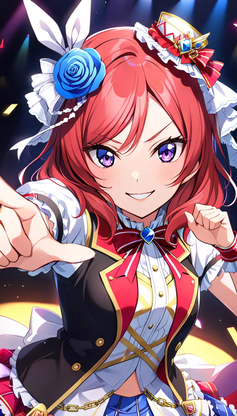 1girl, nishikino maki, upper body, idol costume, smile, id_maki_nishikino,Pointing at the viewer
