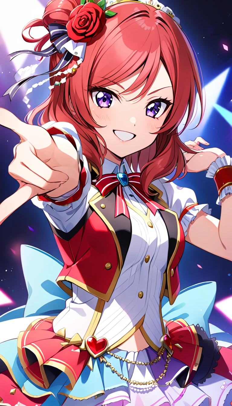 1girl, nishikino maki, upper body, idol costume, smile, id_maki_nishikino,Pointing at the viewer