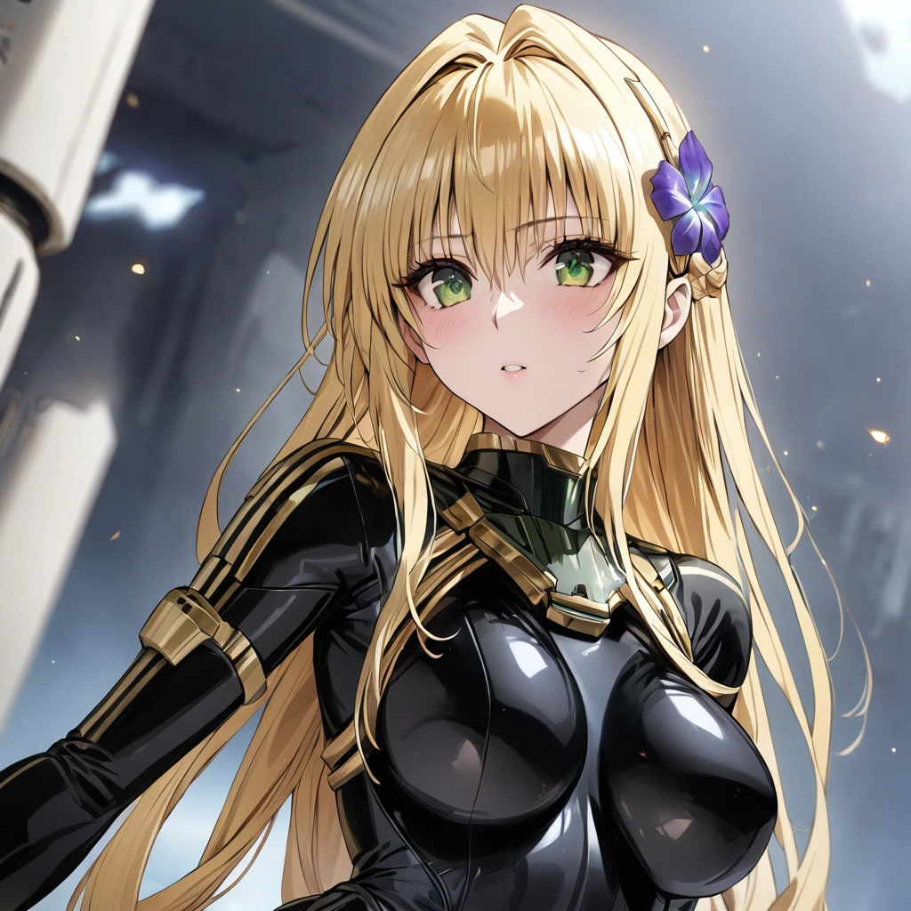 ((Highest quality)), ((masterpiece)), (detailed), (Perfect Face)、The woman is a Stormtrooper named Tiare, with green eyes, medium-length blonde hair, and is wearing a gorgeous black Stormtrooper bodysuit with gold patterns and trim, and a gorgeous Stormtrooper full-face helmet with gold patterns and trim.