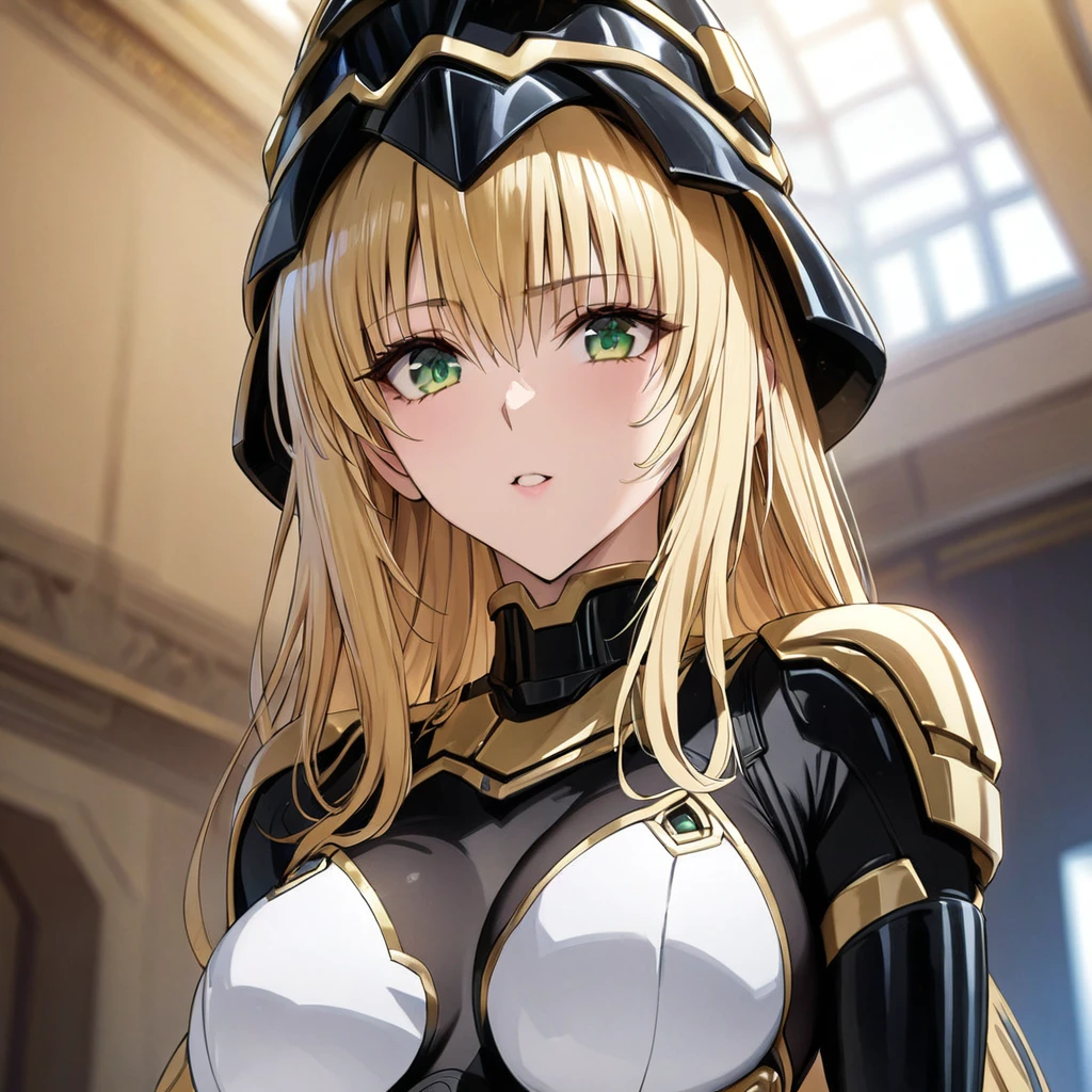 ((Highest quality)), ((masterpiece)), (detailed), （Perfect Face）、The woman is a Stormtrooper named Tiare, with green eyes, medium-length blonde hair, and is wearing a gorgeous black Stormtrooper bodysuit with gold patterns and trim, and a gorgeous Stormtrooper full-face helmet with gold patterns and trim.