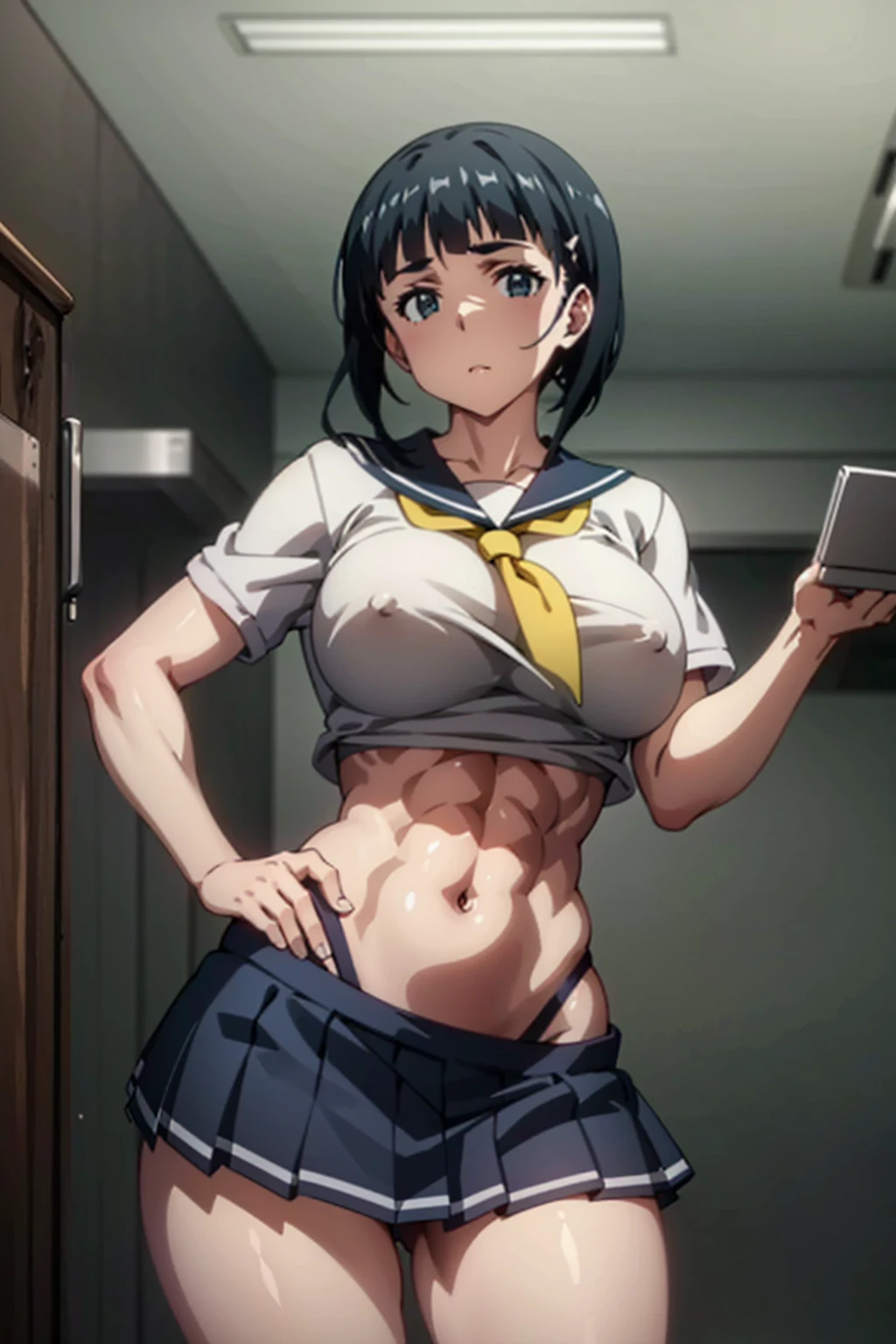 1 female,Suguha Kirigaya,white sailor suit,short sleeved,covered nipples,croptop,gray low-rise micro pleated skirt,breasts,leanbody:1.5,beautiful abs:0.5