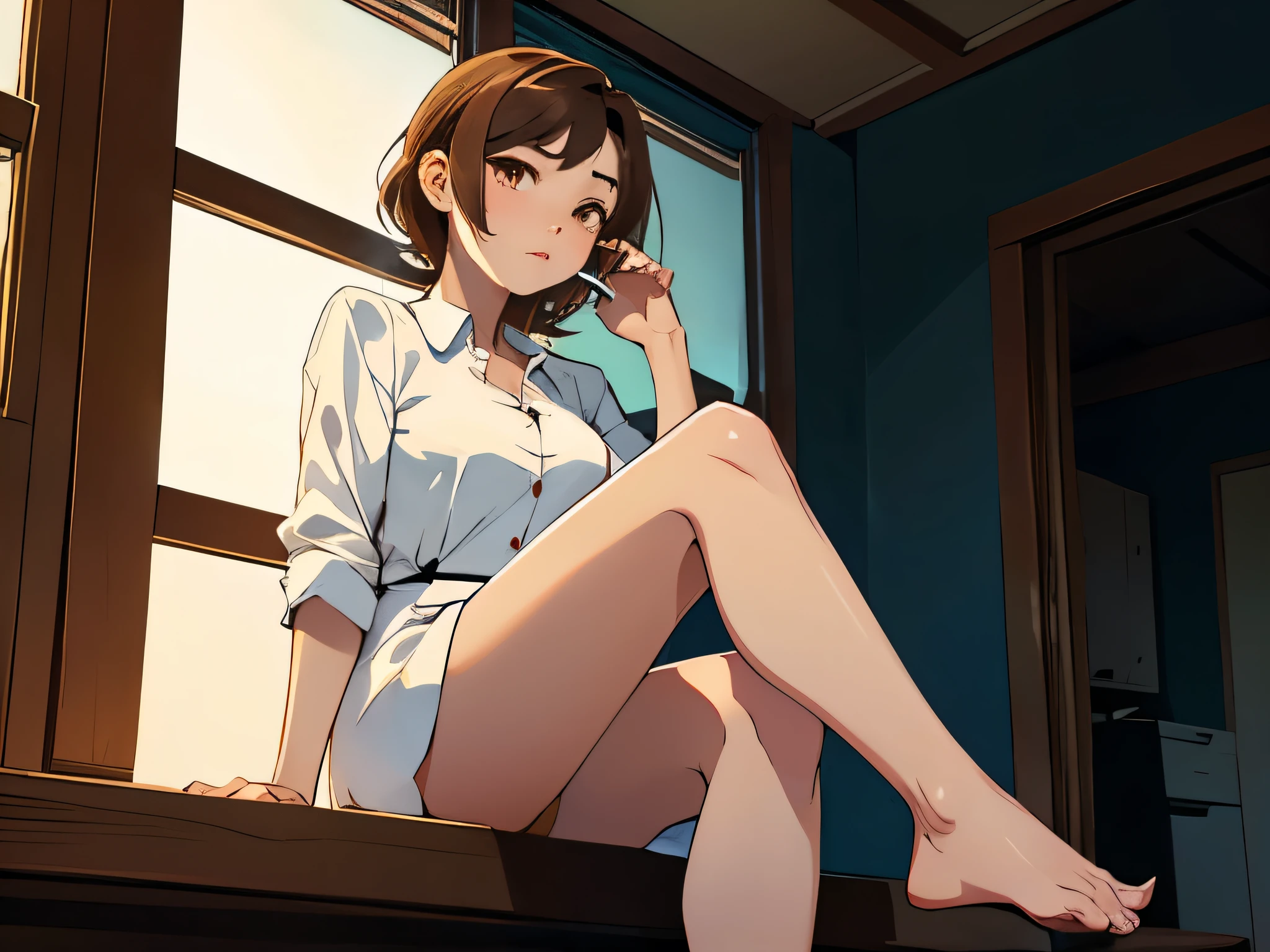 Beautiful woman,Highest quality.Age 25, Very short brown hair、Inside the room、summer、Midnight、Tropical night、Sitting and cooling off、The upper body is a white dress shirt、The button is undone、White underwear for the lower body、barefoot、The camera frames her from below, aligning her with a square window.、Sitting on the window sill、With your body facing forward,Sit with your knees upright、She tilts her head and looks out the window。Look out the window、Smoking a cigarette、legs spread, no belt